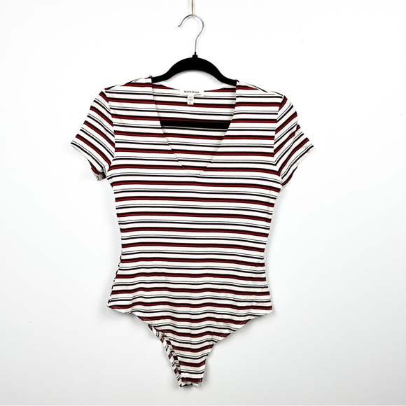 Monteau Tops - Monteau Striped Red White & Black V-Neck Short Sleeve Bodysuit